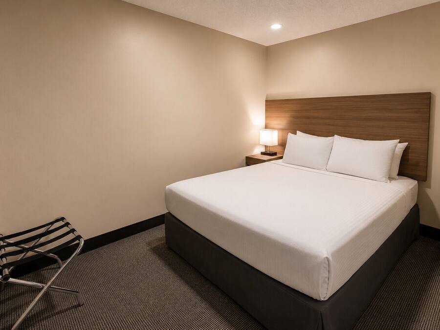 A hotel room with a large bed, a nightstand with a lamp, and a chair.