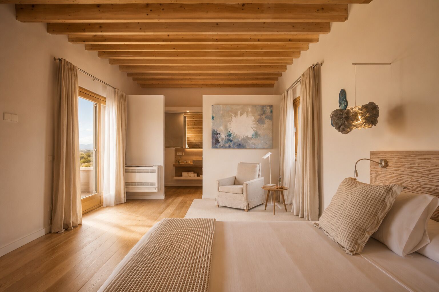 A bedroom with a large bed, a chair, a small table, and a painting on the wall.