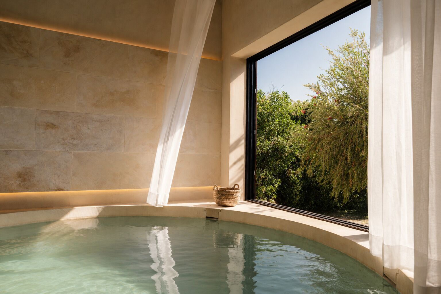 A spa room with a bathtub, a window with curtains, and a view of greenery outside.