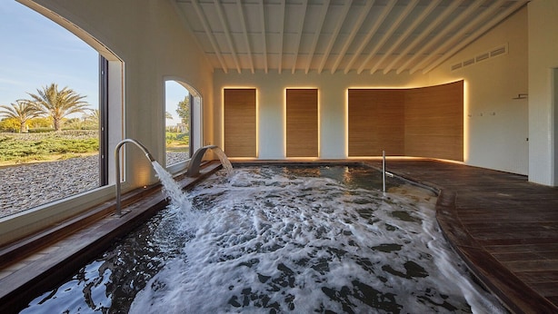 Un área de spa con un jacuzzi, piso de madera y grandes ventanales que ofrecen vista a palmeras.