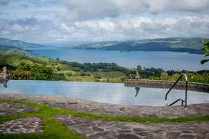 A stone pool with a metal ladder, surrounded by lush greenery and a view of a lake and hills.