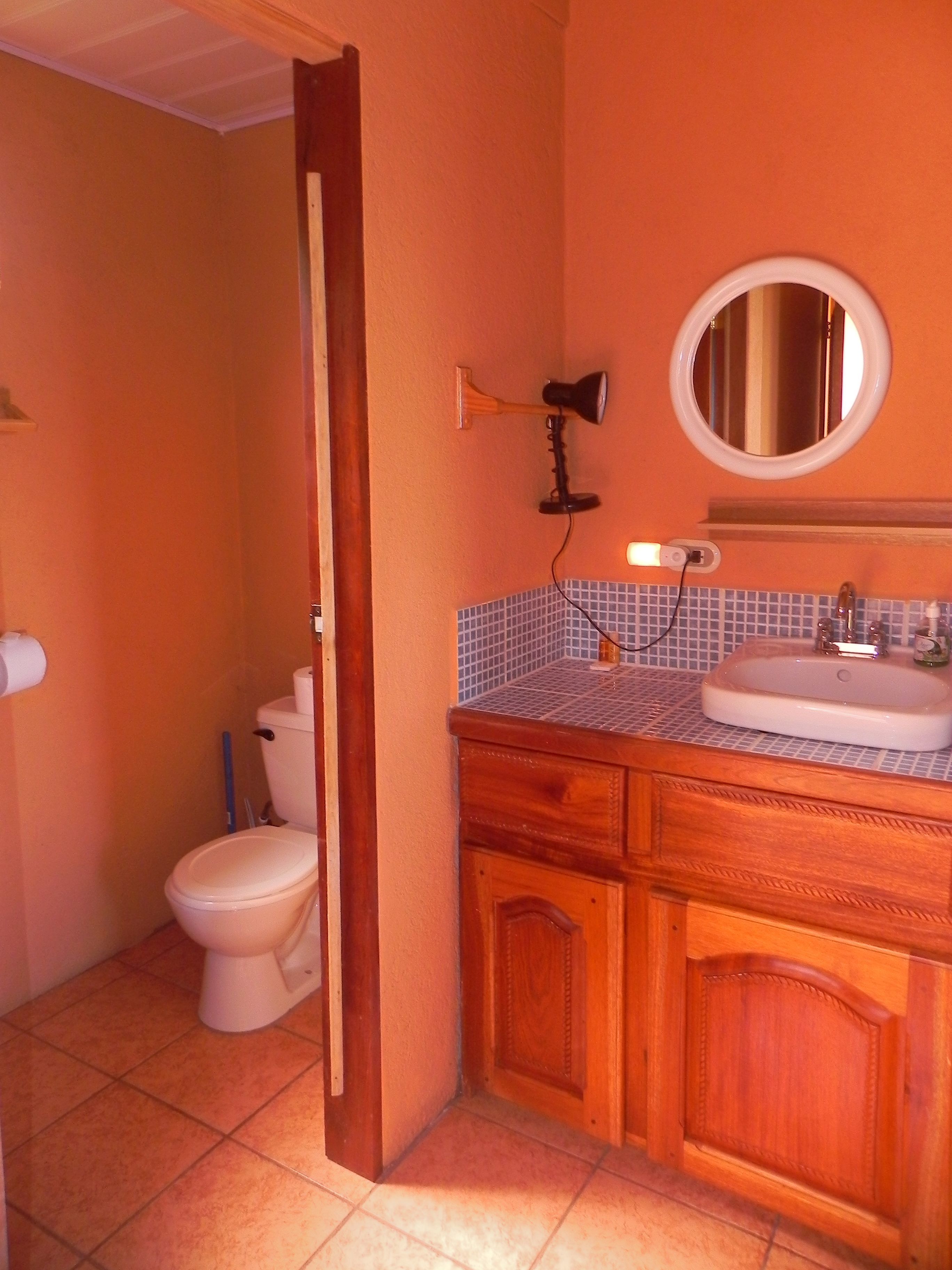 Un baño con inodoro, lavabo y espejo.