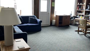 A living room with a blue sofa, striped sofa, and a lamp on a wooden table. There is a bookshelf and a door with a window.