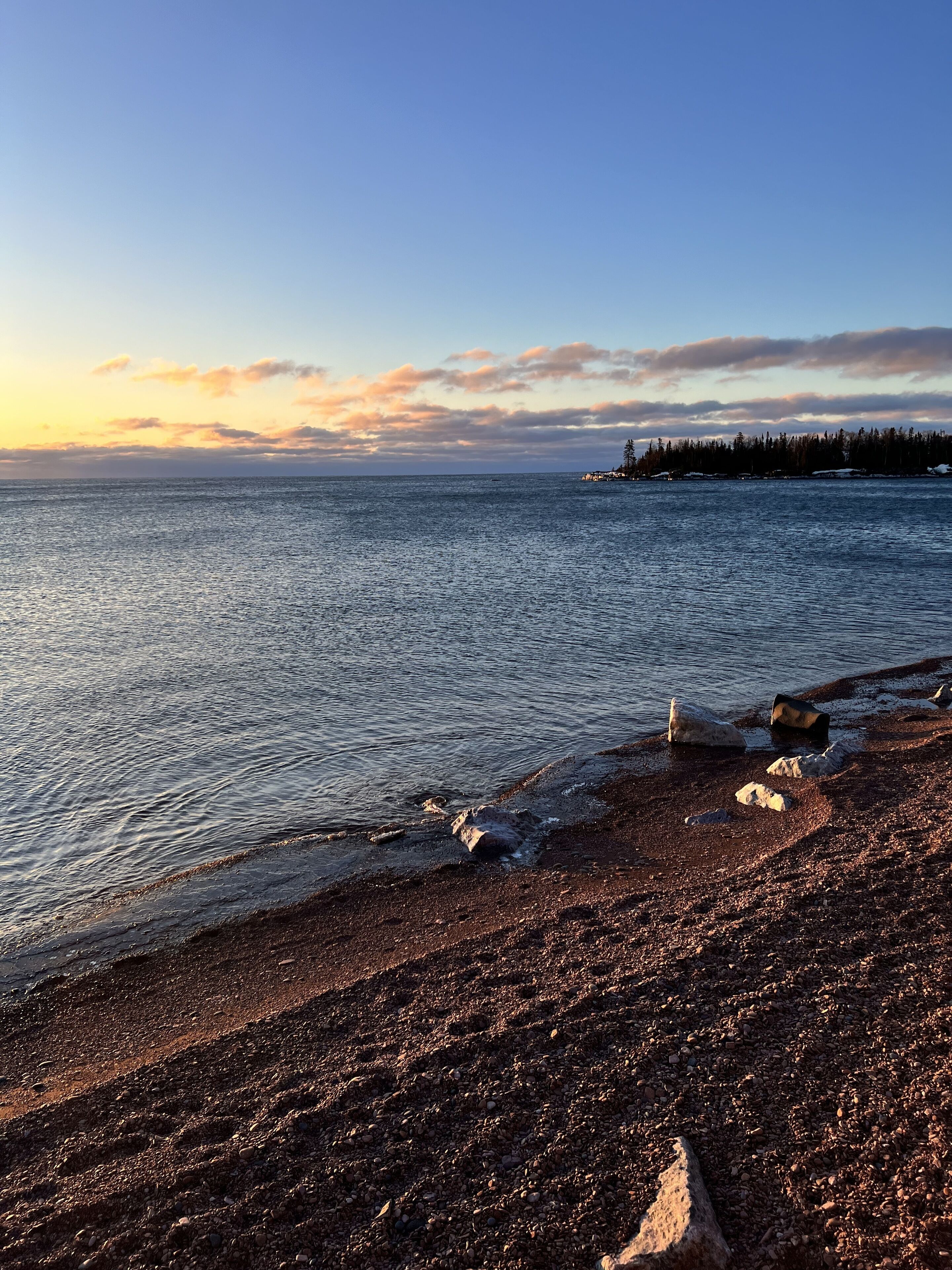 A rocky shoreline with calm water and a distant tree line.