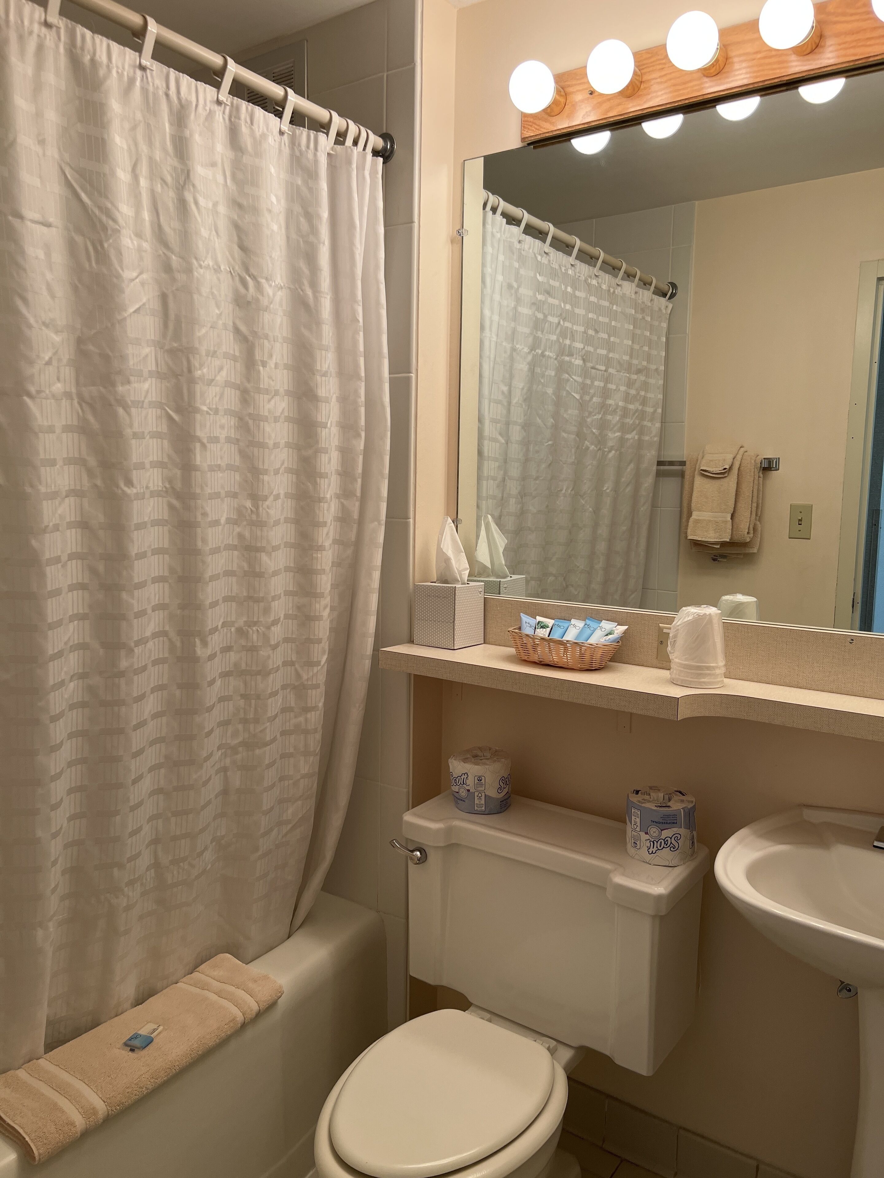 A bathroom with a shower curtain, a toilet, a sink, and a vanity mirror with lights.