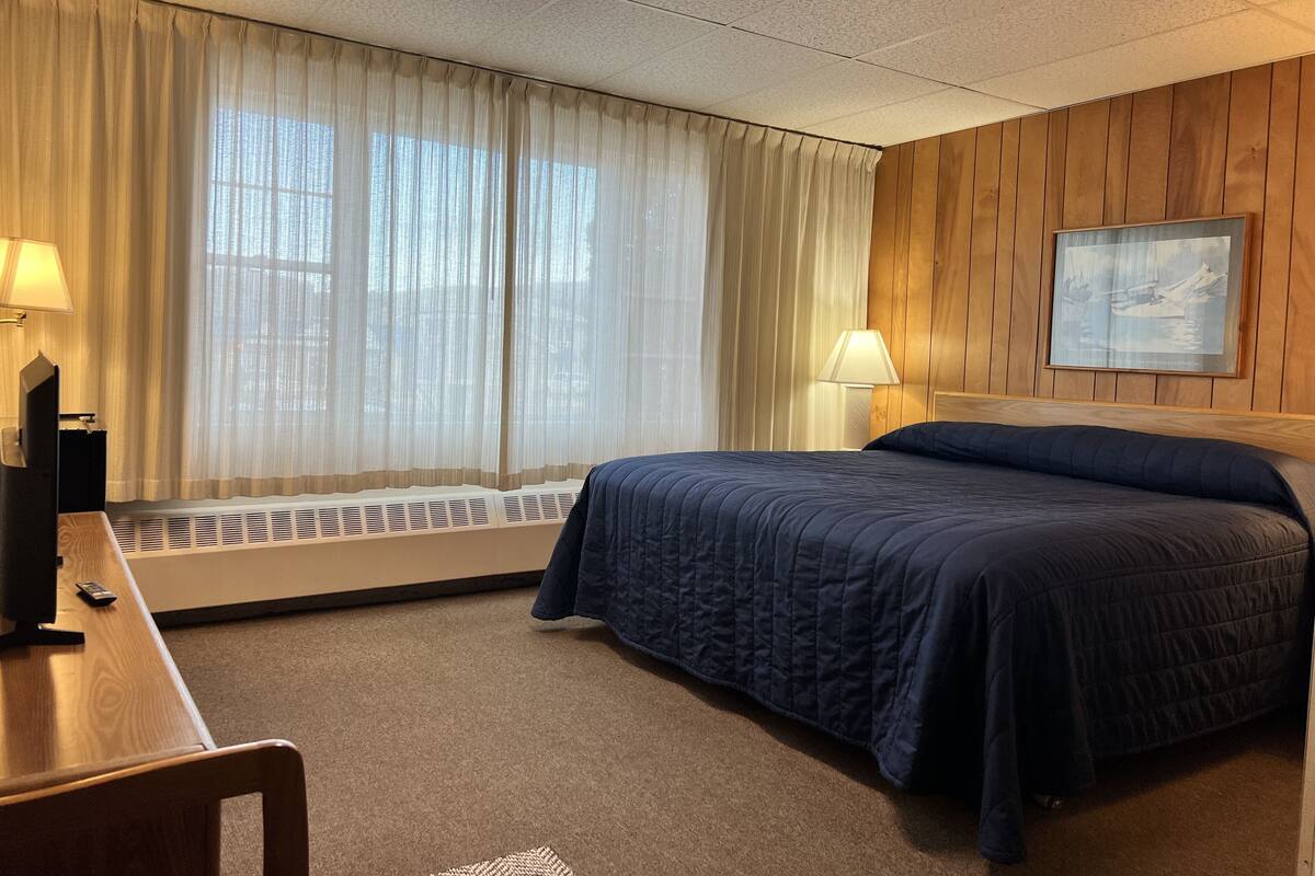 A hotel room with a bed, a desk, a chair, a window with curtains, a wall-mounted picture, and a radiator.