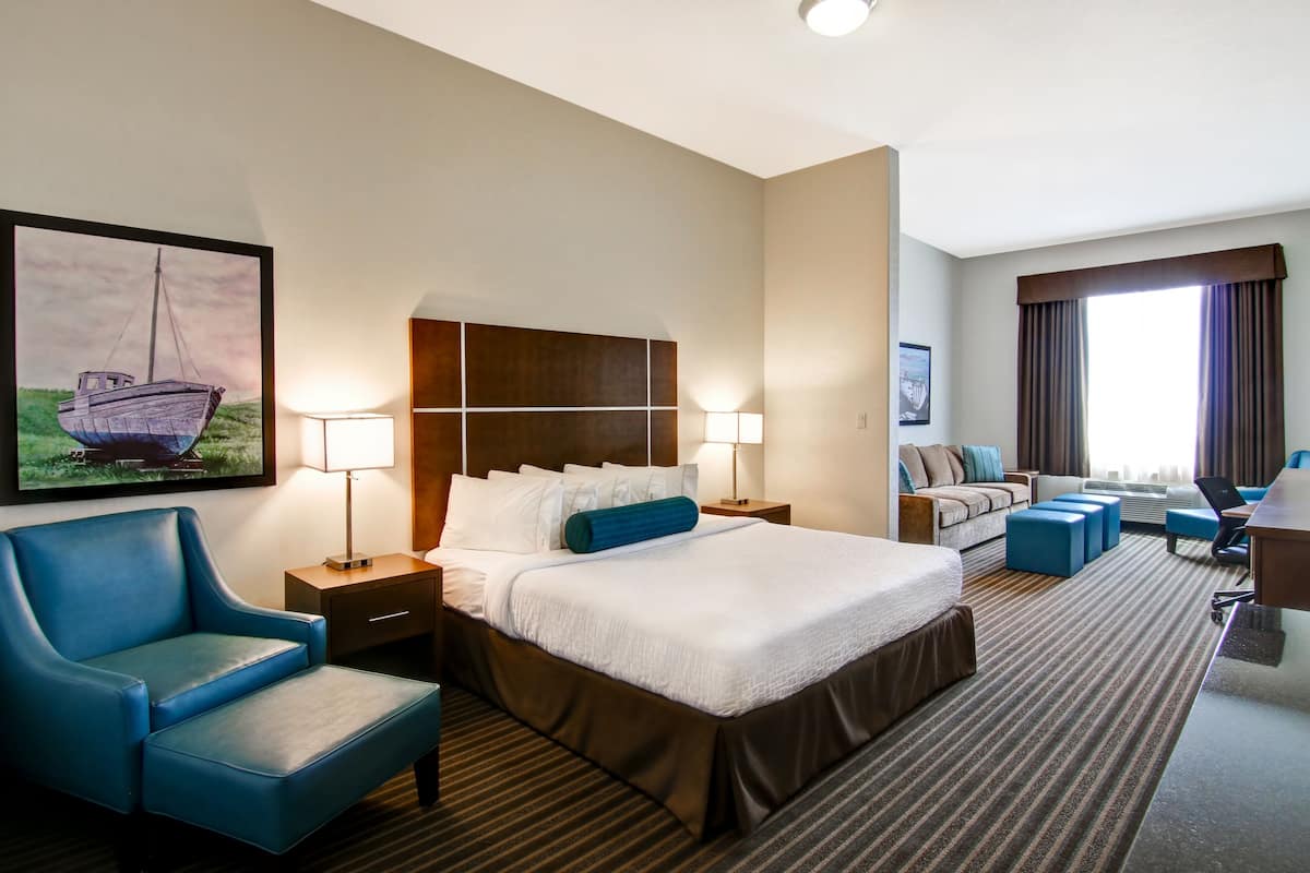 A hotel room with a large bed, a desk, a chair, and a sofa.