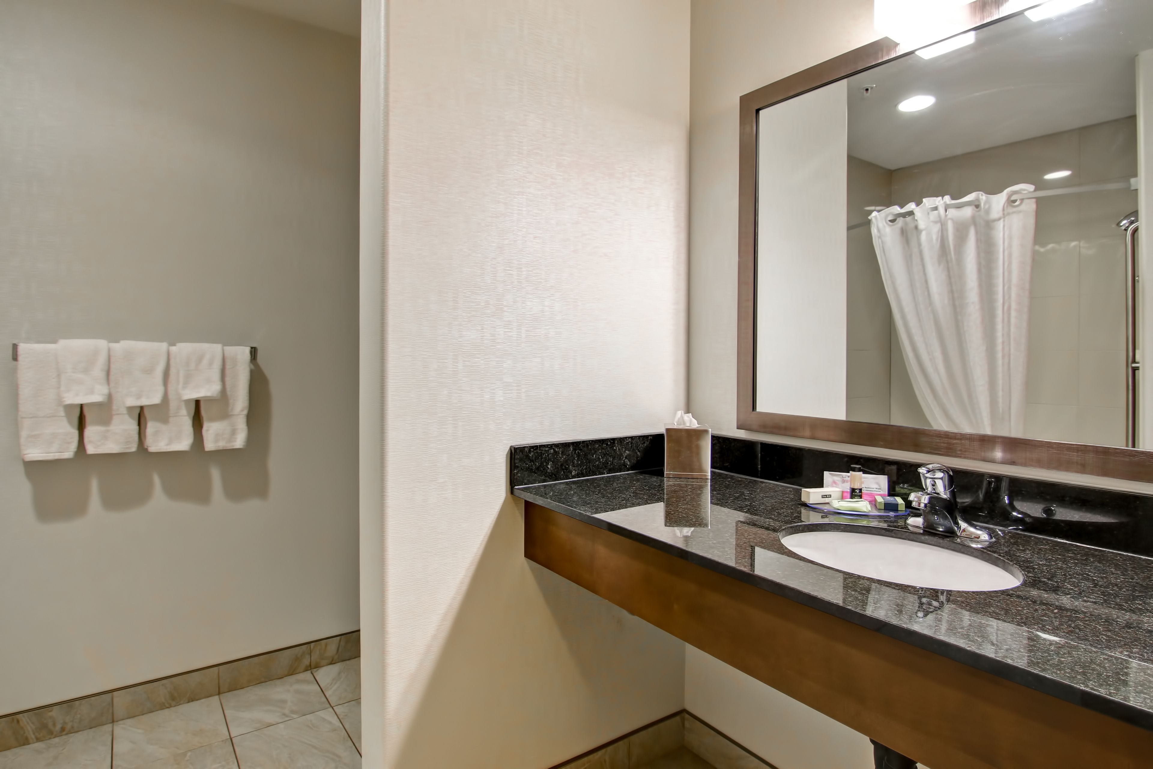 combined shower/bathtub, free toiletries, hair dryer, towels