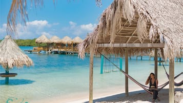 Private beach, white sand, free beach cabanas, sun-loungers