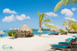 Een strand met rieten parasols, ligstoelen en palmbomen.