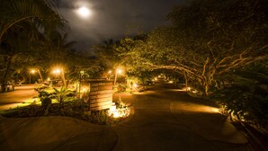 A nighttime view of a well-lit outdoor area with a pathway, palm trees, and a signboard.