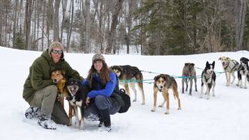 A group of people and dogs in a snowy outdoor setting.