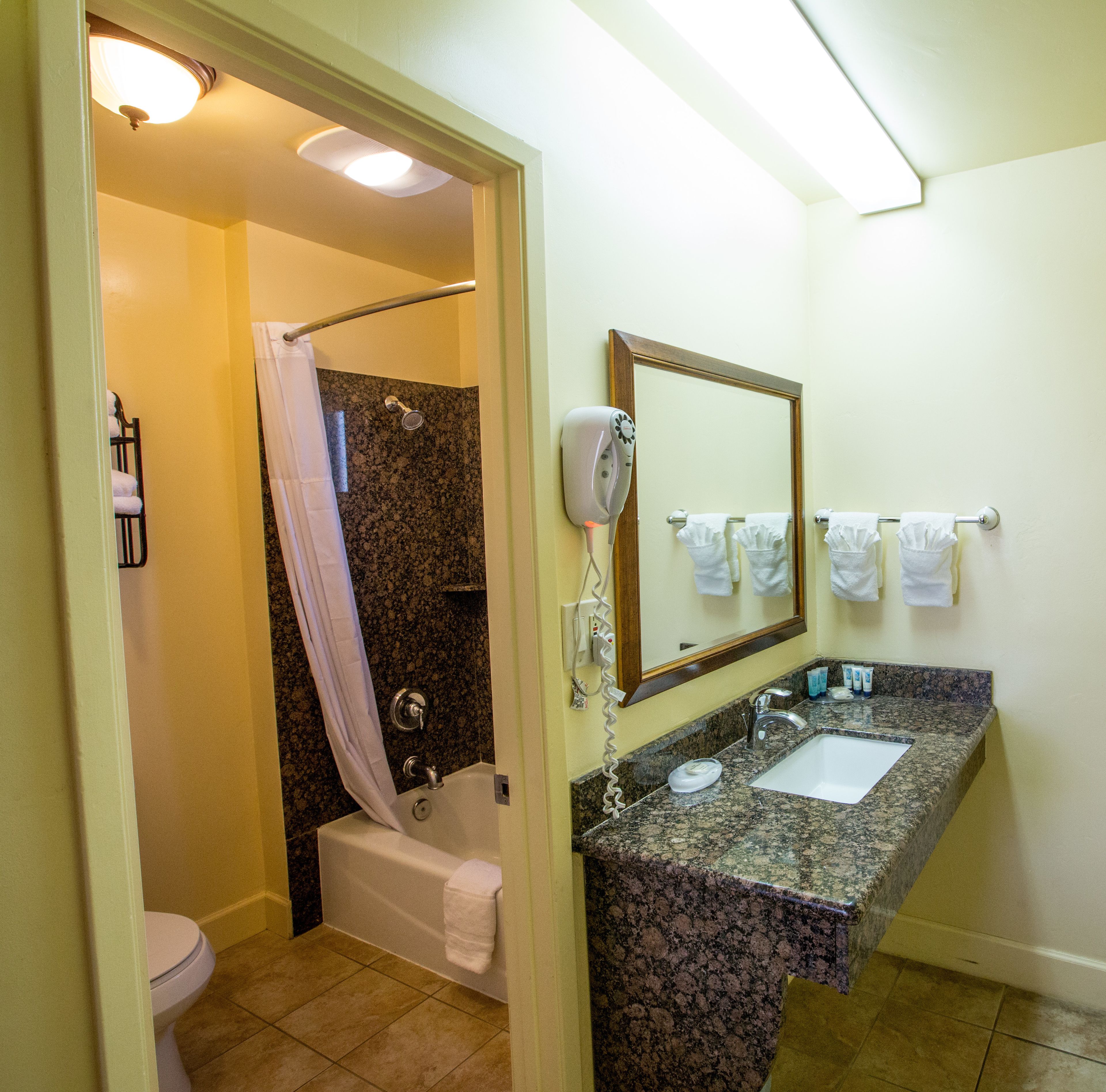 A bathroom with a shower, a bathtub, a sink, and a mirror.