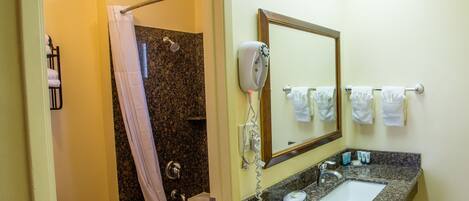 A bathroom with a shower, a bathtub, a sink, and a mirror.
