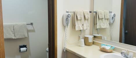 Un baño con inodoro, lavabo, espejo y secador de pelo.