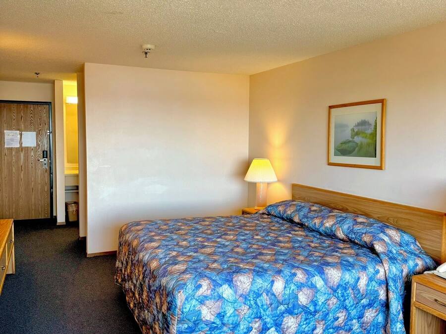 Ein Hotelzimmer mit einem Bett, einem Schreibtisch, einer Lampe und einem Bild an der Wand.