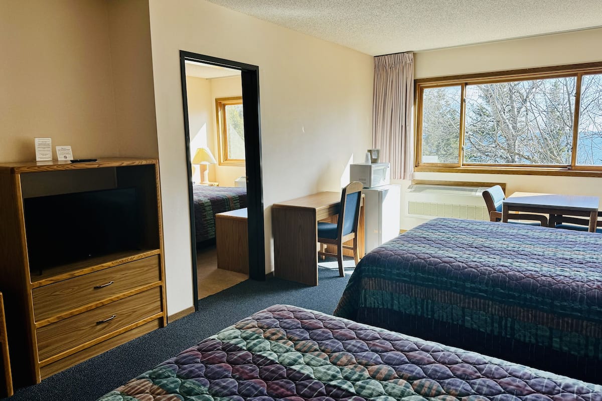 Habitación de hotel con dos camas, televisión, escritorio y ventana con vista a árboles.