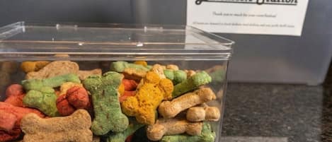 A donation station with a sign, and a container filled with colorful dog-shaped treats.