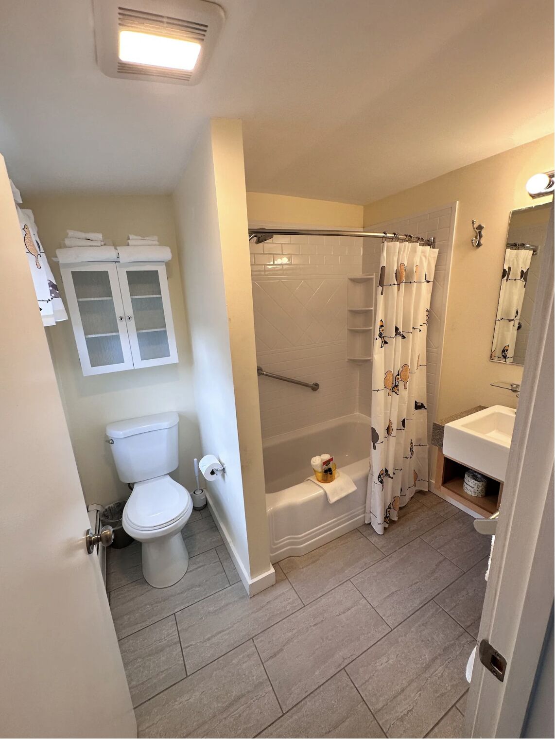 Ein Badezimmer mit Toilette, Dusche und Waschbecken.