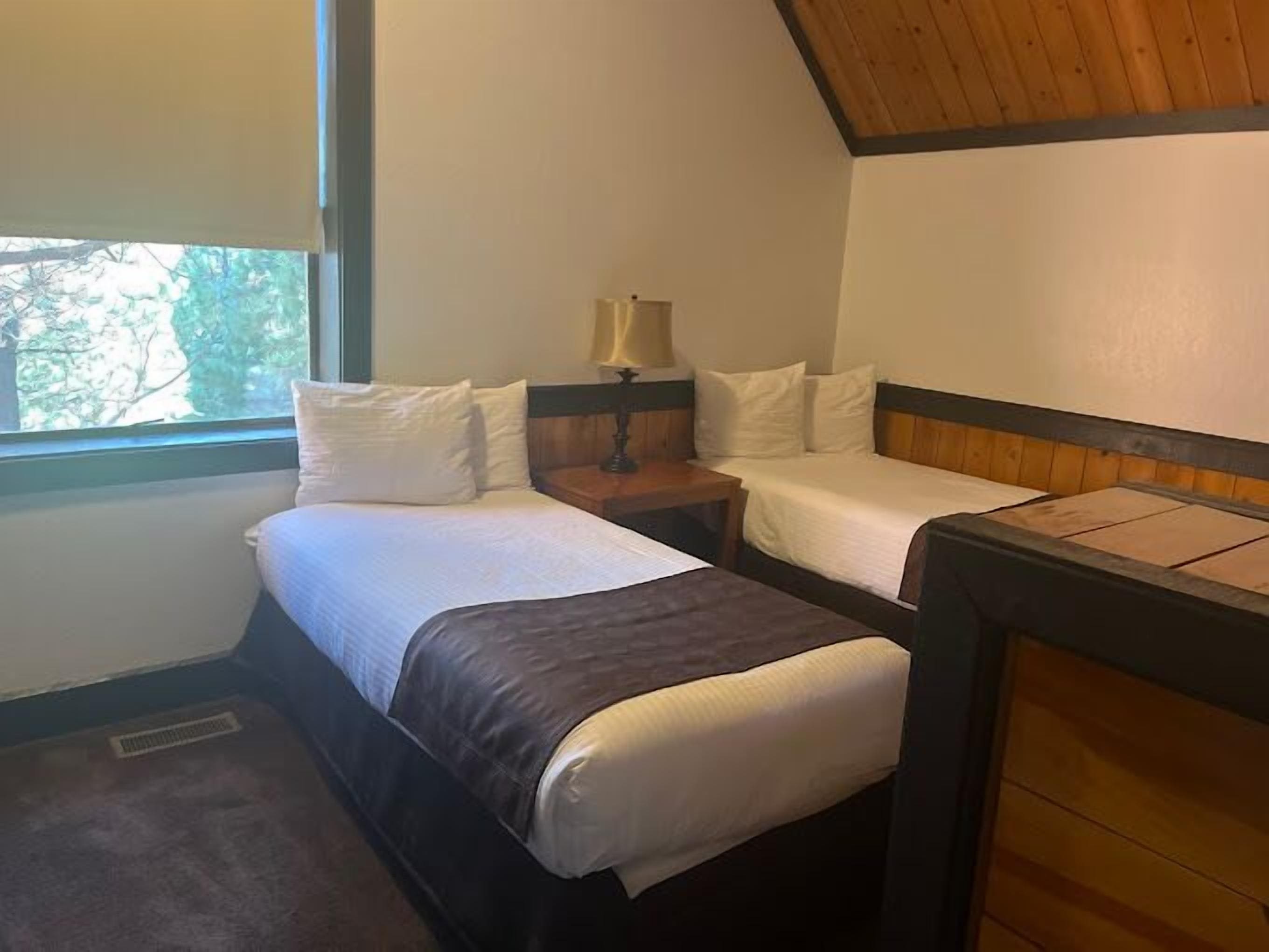 Une chambre avec deux lits, une table de chevet et une fenêtre.