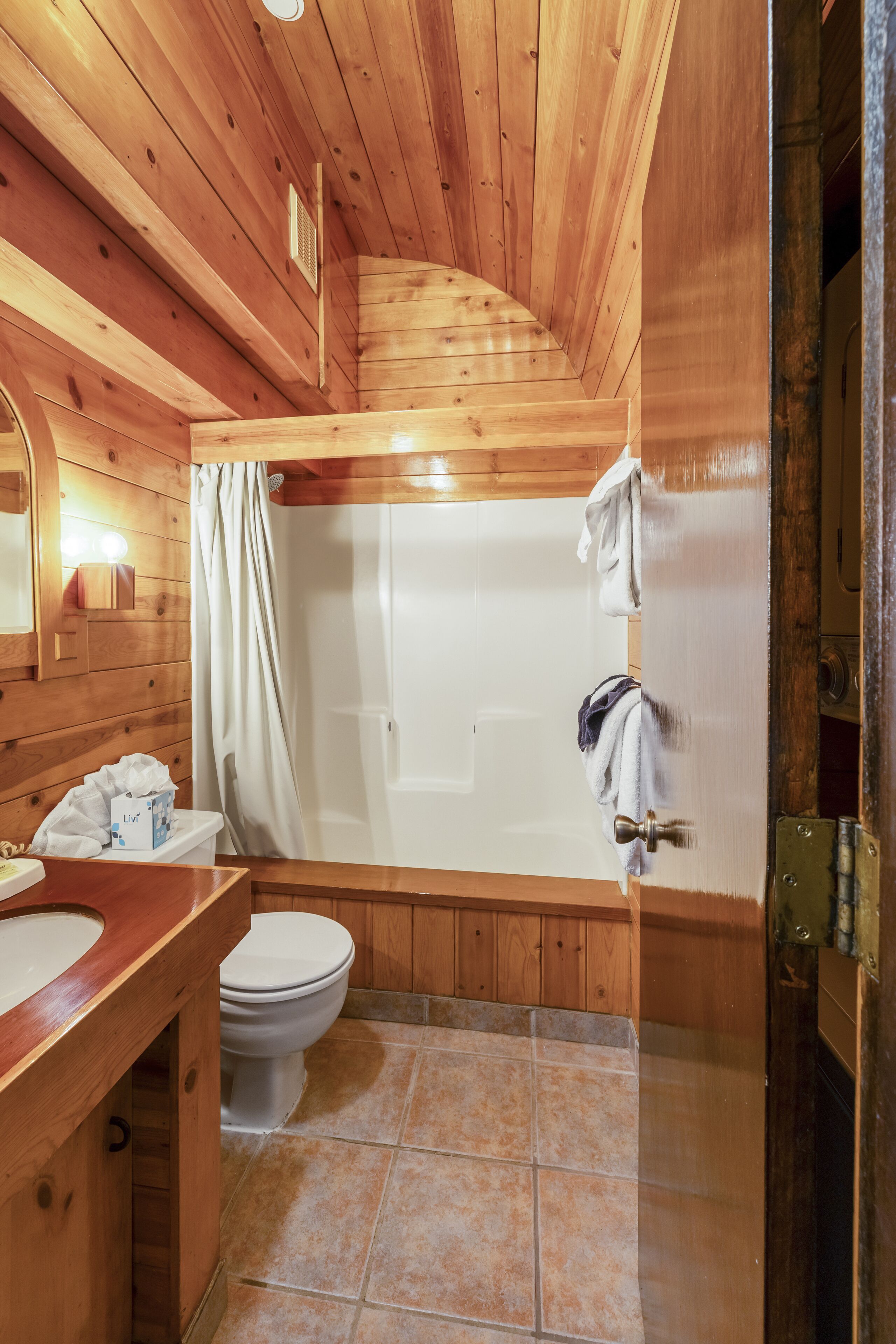 Une salle de bain rustique, aménagée dans une cabane en bois, avec des toilettes, un lavabo et une douche.