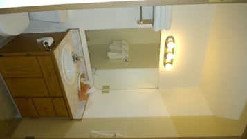 Combined shower/bathtub, free toiletries, hair dryer, towels