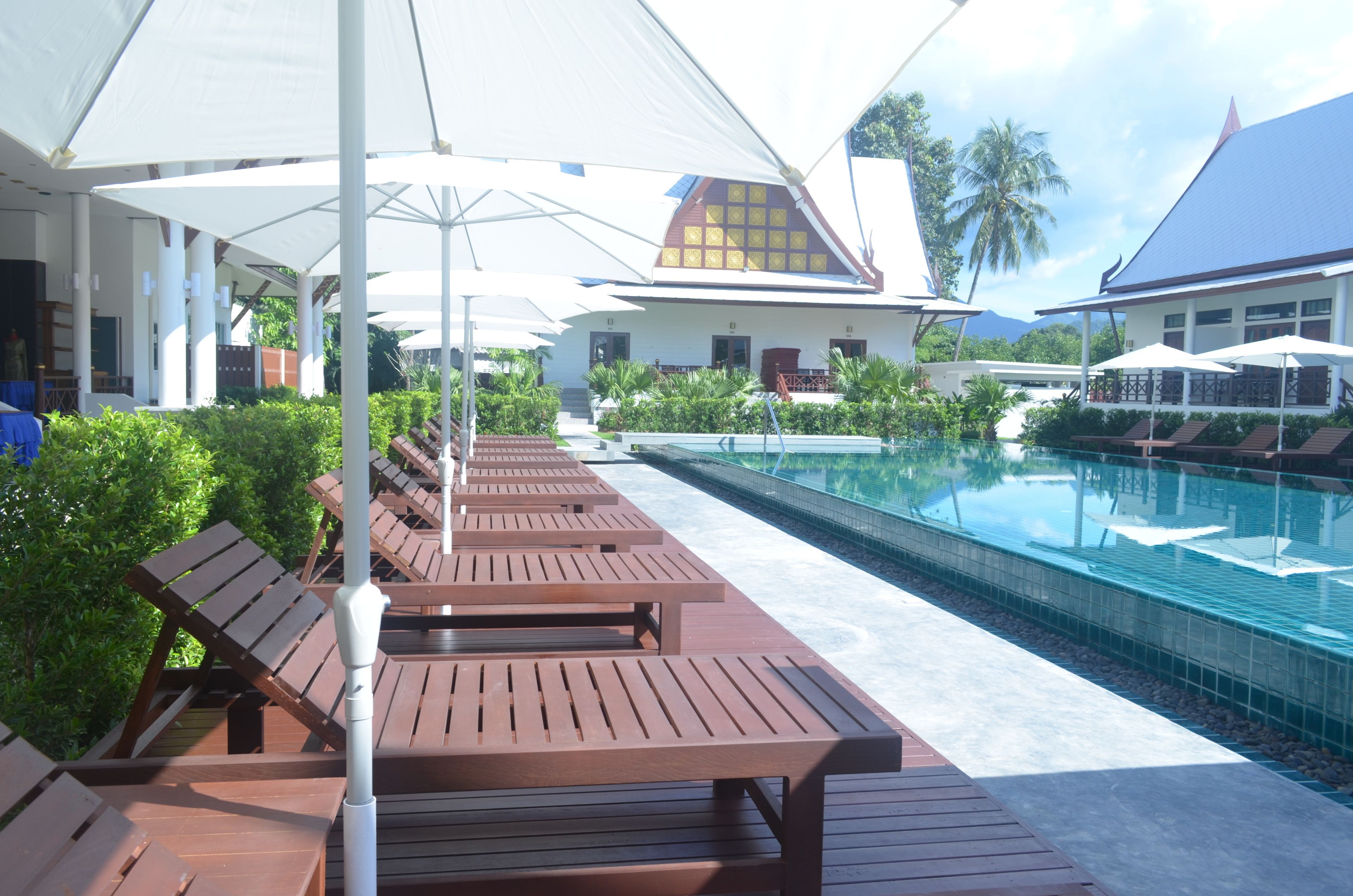 Un espace aménagé au bord de la piscine, avec des chaises longues en bois et des parasols, une piscine à l’eau claire, et un bâtiment dont le toit particulier se distingue à l’arrière-plan.