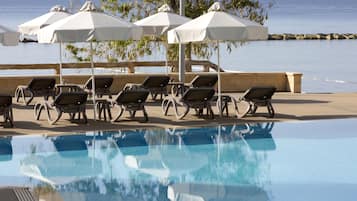 Seasonal outdoor pool, pool umbrellas, pool loungers