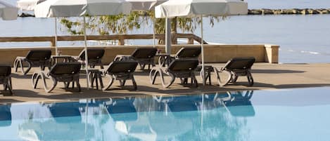 Seasonal outdoor pool, pool umbrellas, pool loungers