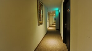 Um corredor de hotel com piso carpeteado, obras de arte emolduradas nas paredes e uma porta no final.