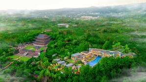 A resort with a traditional pagoda-style building, a modern resort building, and lush greenery. - Dam & Roo (Seogwipo)