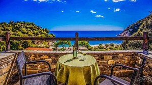 A table with a bottle and glasses, overlooking a coastal landscape. - Palia Damouchari (Zagora-Mouresi)