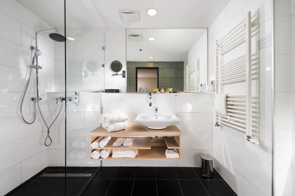 eco-friendly toiletries, hair dryer, towels