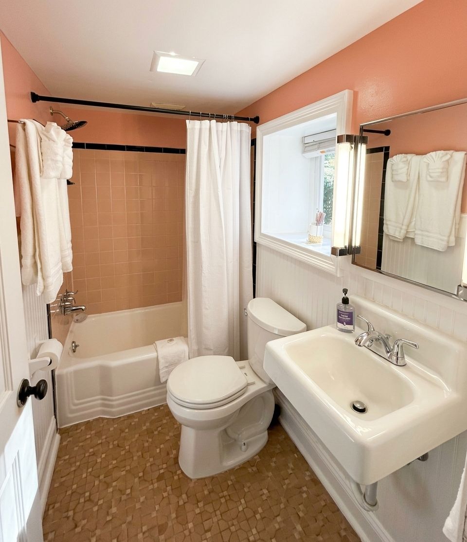 A bathroom with a bathtub, toilet, sink, and a shower curtain.