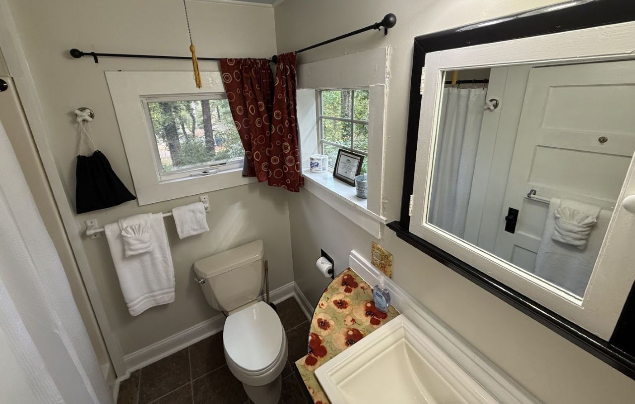 A bathroom with a toilet, a sink, a mirror, and a window with curtains.
