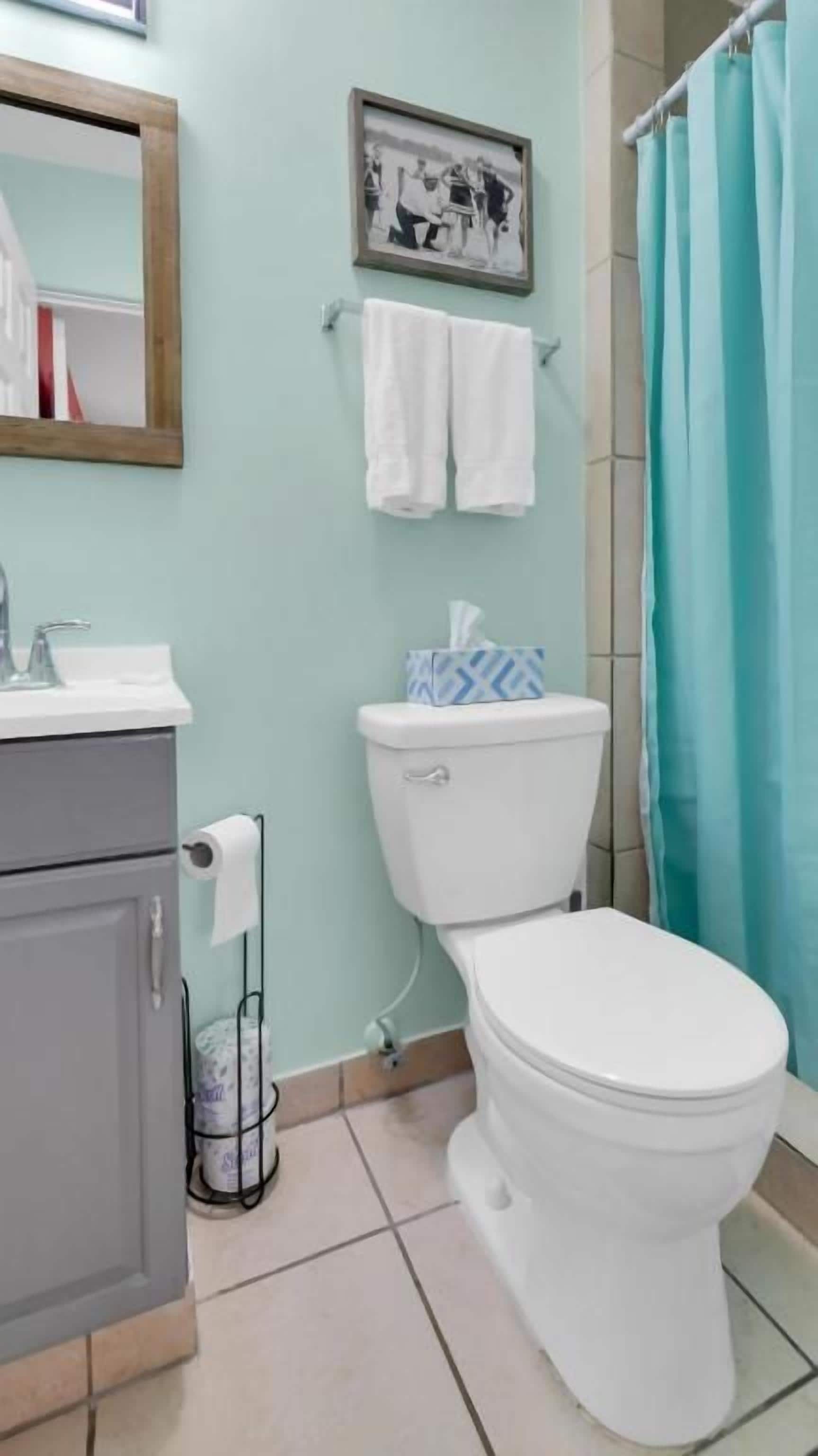 A bathroom with a toilet, sink, and mirror.