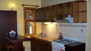 A kitchen with wooden cabinets, a gas stove, a sink, and a window with a view of greenery outside.