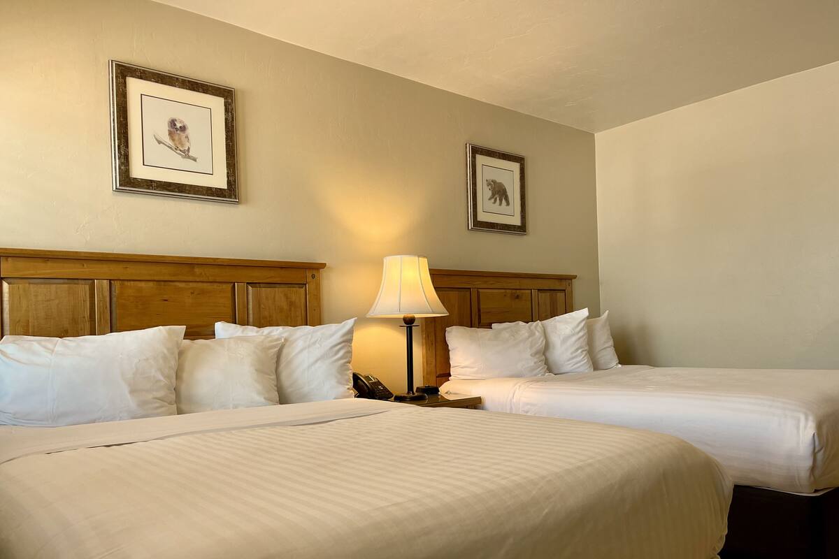 Une chambre d’hôtel avec deux lits, une tête de lit en bois, une lampe de chevet et des tableaux encadrés au mur.