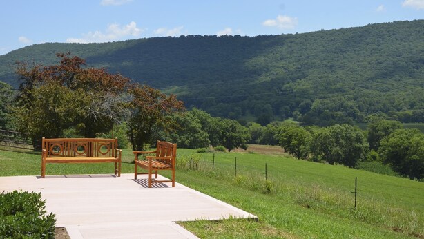 A wooden bench in a park with a view of a green hillside. - Mountain Cove Farms Resort (Chickamauga)