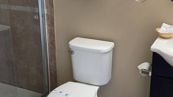 Un bagno con il WC, una cabina doccia in vetro e un portasciugamani con asciugamani piegati.