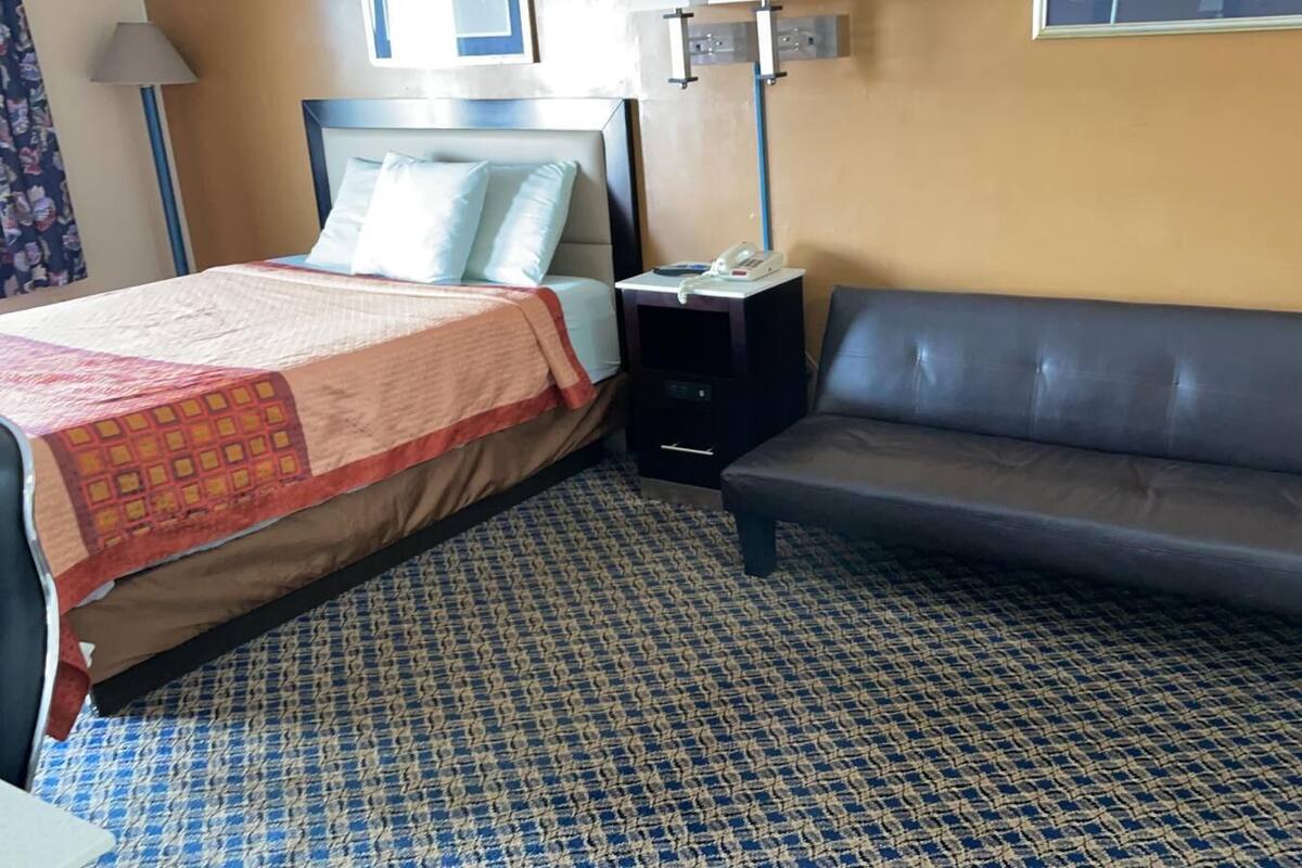 Una habitación de hotel con cama, sofá, mesita de noche y alfombra estampada.