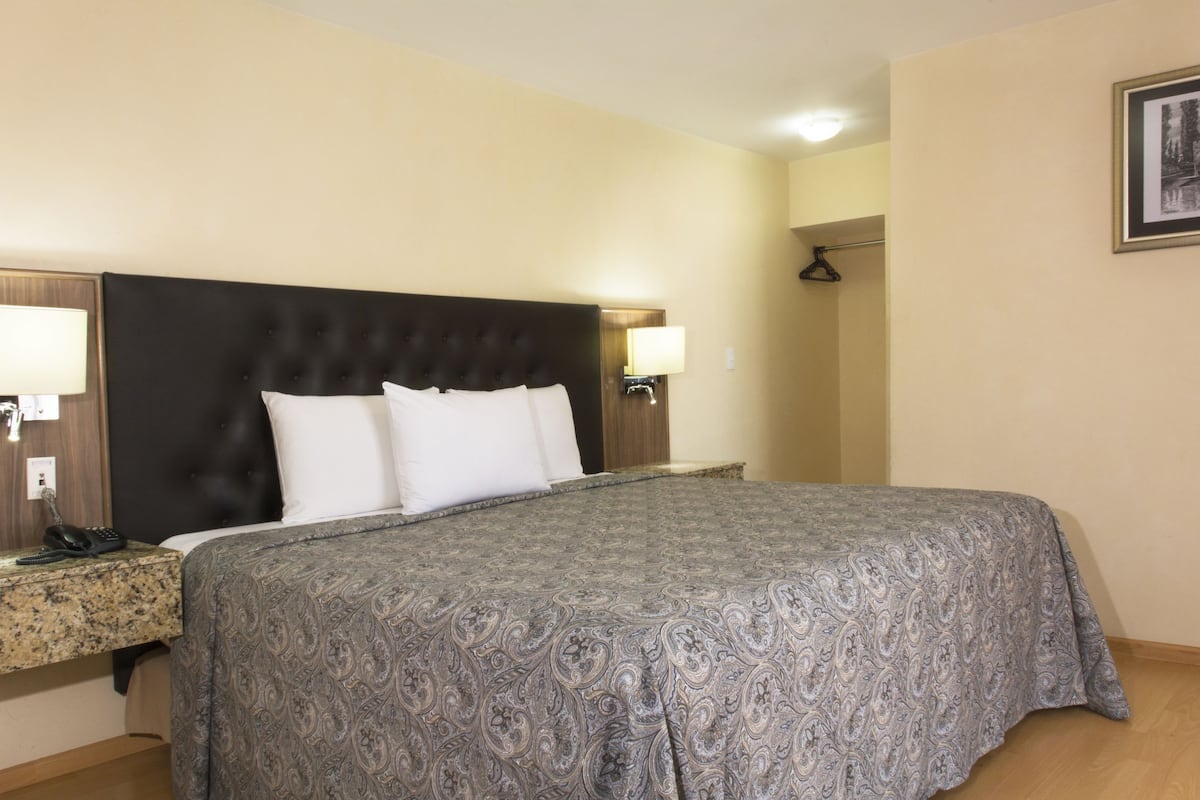 A hotel room with a large bed, a nightstand with a lamp, and a framed picture on the wall.