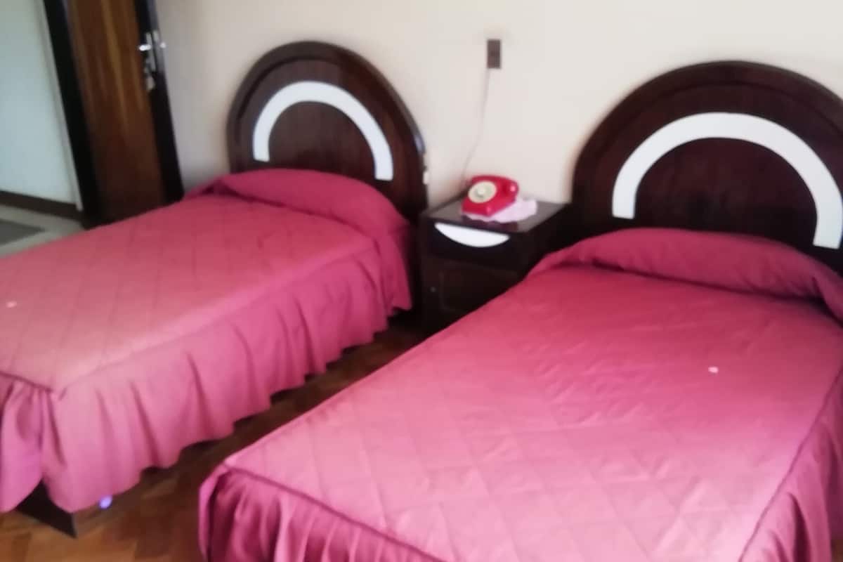 Una habitación con dos camas, cada una con cabecera de madera y colcha rosa. El piso es de madera y hay una mesita de noche con un objeto rojo encima.