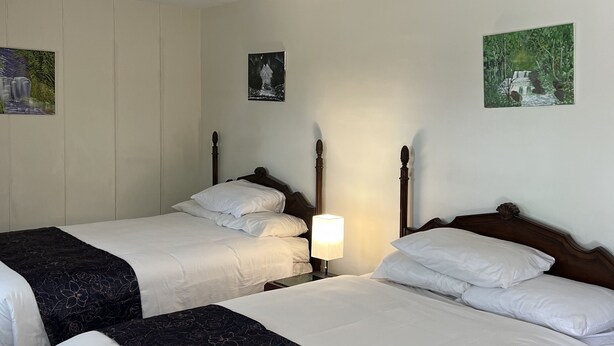 A hotel room with two single beds, a nightstand with a lamp, and two wall-mounted paintings. - Itascan Motel (Grand Rapids)