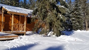 A wooden cabin with a porch, surrounded by snow-covered trees.