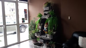 A reception area with a stone wall decoration, a gnome figure, and a potted plant.