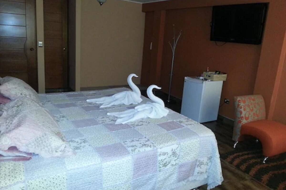 A hotel room with a bed, a desk, a television, and a chair.