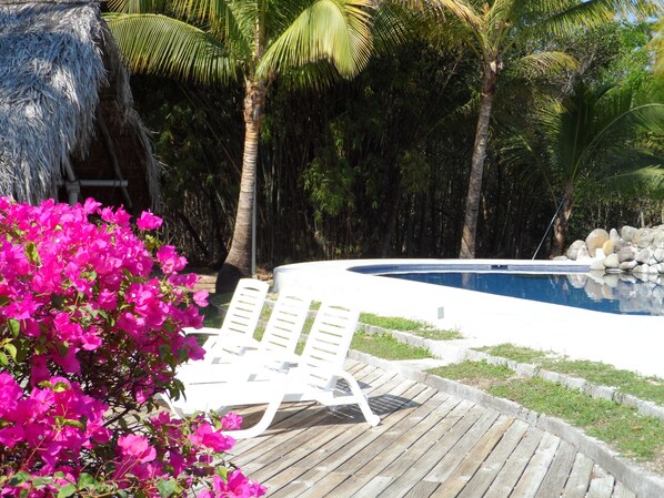 Un área de piscina con sillones de descanso y una estructura de techo de paja.