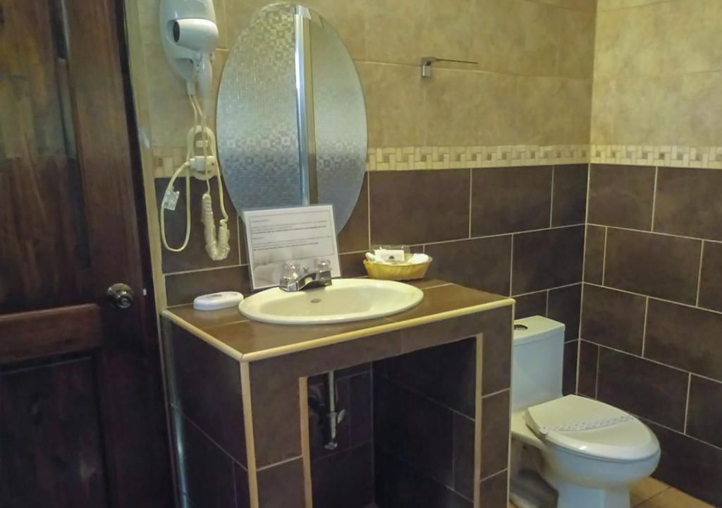 A bathroom with a sink, mirror, hairdryer, and toilet.