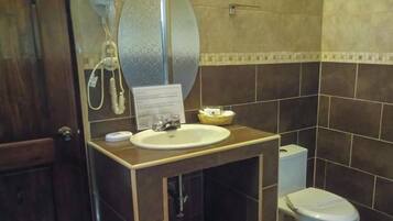 A bathroom with a sink, mirror, hairdryer, and toilet.